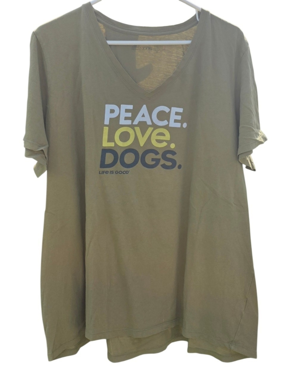 Life Is Good Olive Green Peace Love Dogs Graphic V-Neck T-Shirt XXXL 3XL